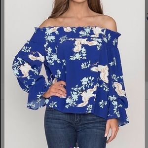 Blue & White Floral Bell-Sleeve Off Shoulder Top